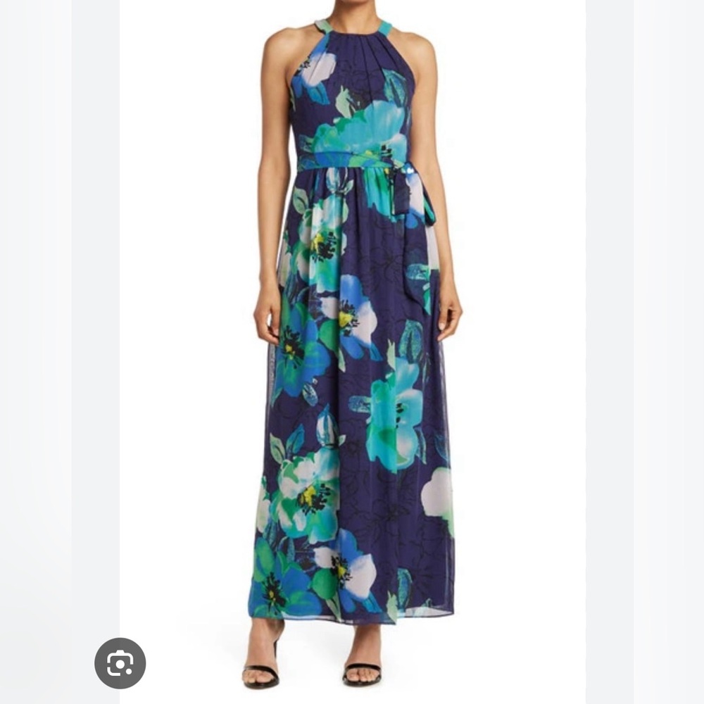 Eliza J Sleeveless Shirred Halter Floral Maxi Dress size 6